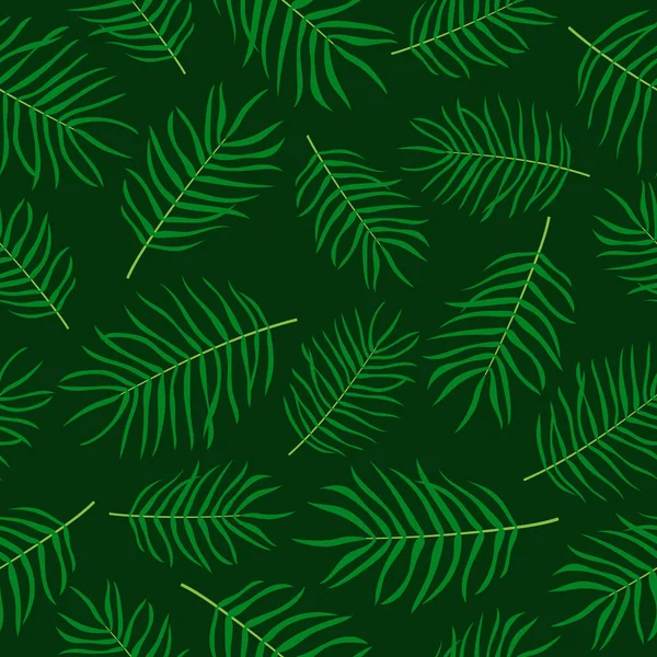 Palm Leaves Seamless Pattern Green Plants Dark Green Background Vector — Stockvektor