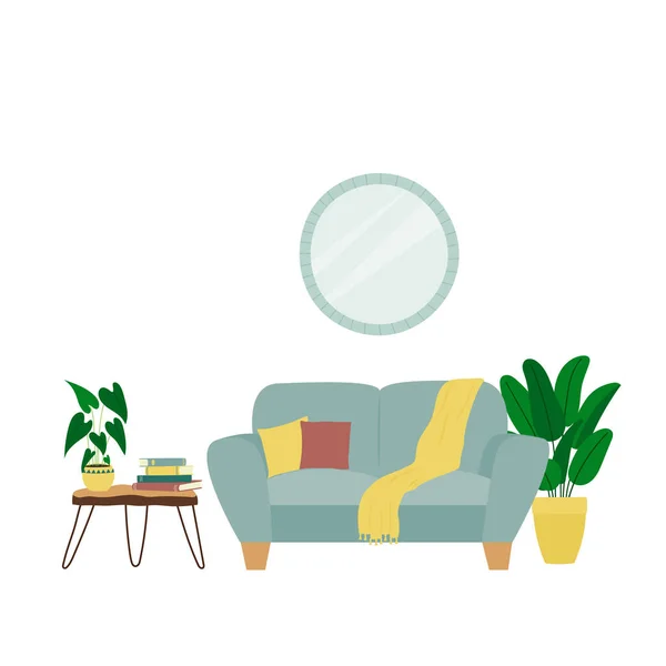 Interior Design Living Room Sofa Mirror Table Houseplants Trendy Composition — стоковый вектор