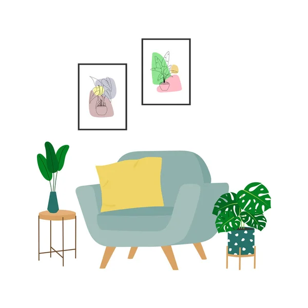 Interior Design Living Room Armchair Pictures Table Houseplants Trendy Composition — Stockvector