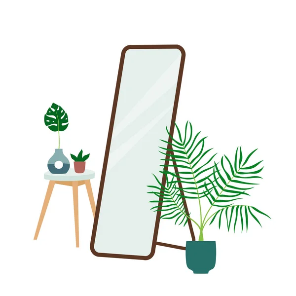 Interior Design Room Floor Mirror Table Houseplants Trendy Composition Home — стоковый вектор