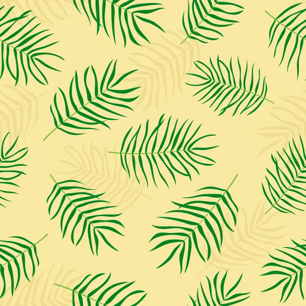 Palm Leaves Seamless Pattern Green Plants Yellow Background Shadows — Vetor de Stock