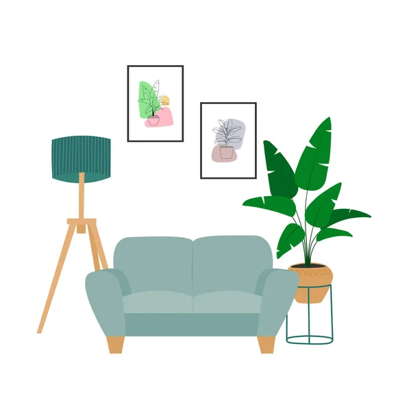 Interior Design Living Room Sofa Floor Lamp Houseplant Trendy Composition — Wektor stockowy