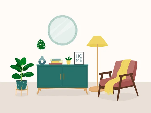 Interior Design Living Room Armchair Sideboard Floor Lamp Mirror Houseplant — Wektor stockowy