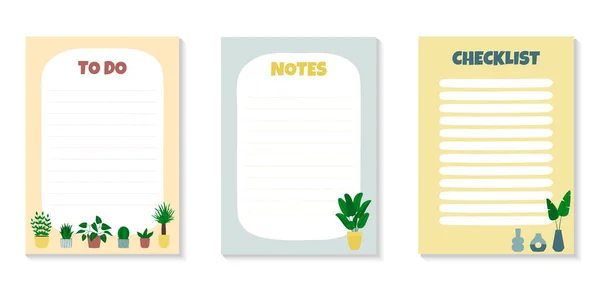 Set Templates List Checklist Houseplants Potted Plants Leaves Vases Isolated — Vector de stock