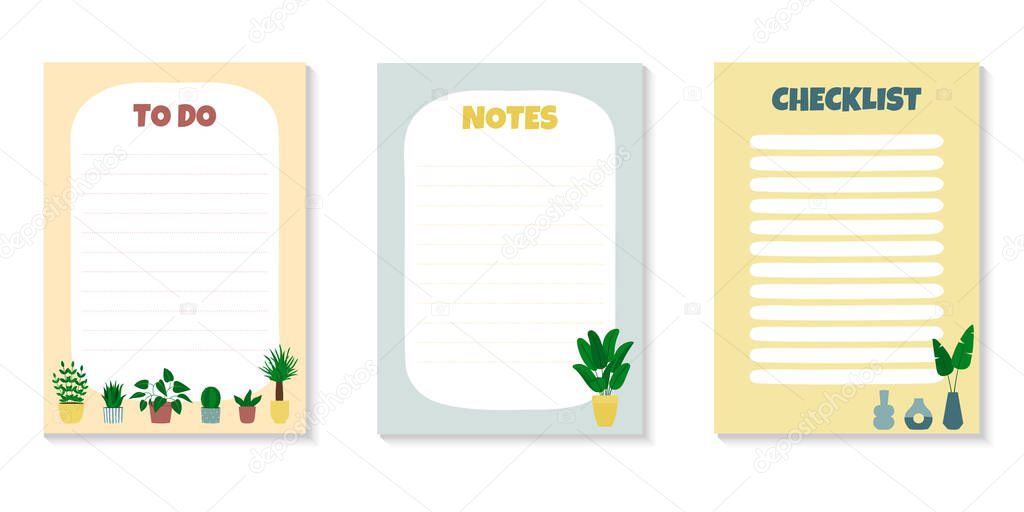 Set of templates for To Do List and Checklist with houseplants. Potted plants, leaves and vases. Isolated vector illustration 