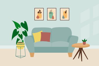 Interior design of living room with sofa, table and houseplants. Trendy composition with home decorations