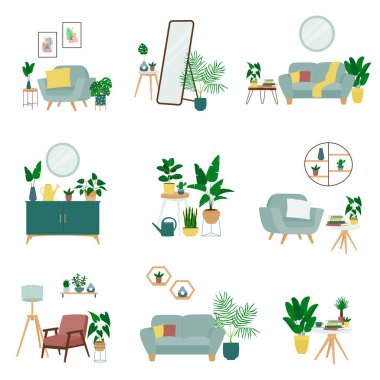 Set of interior designs with sofa, armchair, table, floor lamp, sideboard and houseplant. Trendy compositions with home decorations