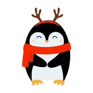 Cute hand drawn penguin in deer antlers and scarf. Cartoon character for winter Christmas design. Isolated vector illustration 
