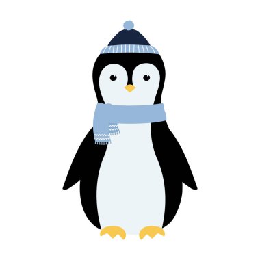 Cute hand drawn penguin in blue hat and scarf. Cartoon character for winter Christmas design. Isolated vector illustration 