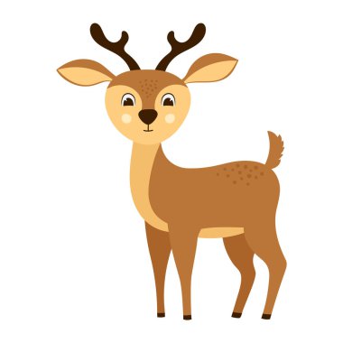 Cute deer with horns. Hand drawn cartoon character. Isolated vector illustration. 
