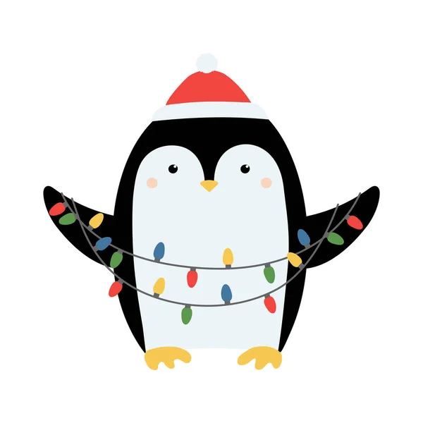 Cute Hand Drawn Penguin Red Hat Lights Cartoon Character Winter — Stockvektor