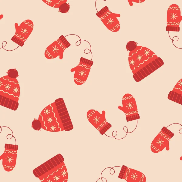 Seamless Pattern Red Winter Hat Mittens Winter Elements Pink Background — 스톡 벡터