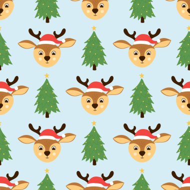 Seamless pattern of cute deer head and christmas tree. Background for Christmas design. Vector illustration