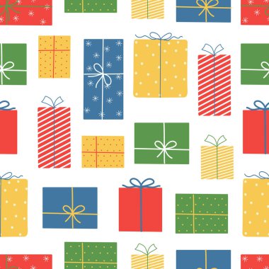 Christmas and New Year seamless pattern. Colorful gift boxes on white background. Doodle style. Vector illustration