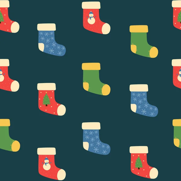 Seamless Pattern Colorful Christmas Socks Dark Blue Background Doodle Style — 图库矢量图片