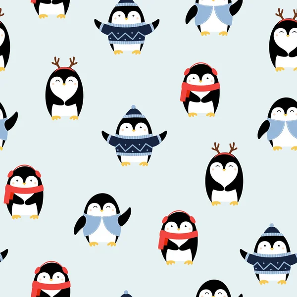Seamless pattern of cute hand drawn penguins with accessories. Cartoon character for winter Christmas design. Vector illustration