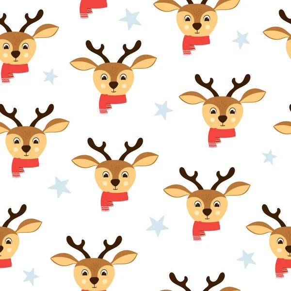Seamless pattern of cute deer head with red scarf. Background for Christmas design. Vector illustration