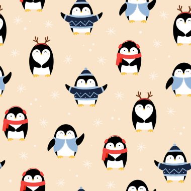Seamless pattern of cute hand drawn penguins with accessories. Cartoon character for winter Christmas design. Vector illustration