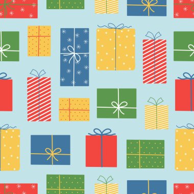 Christmas and New Year seamless pattern. Colorful gift boxes on blue background. Doodle style. Vector illustration