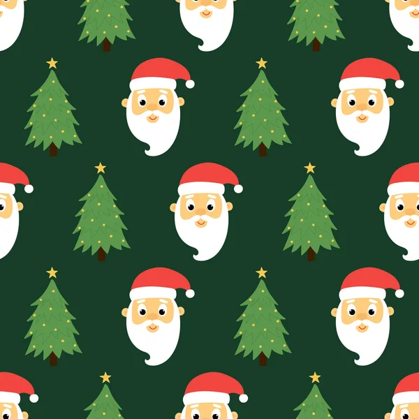 Seamless Pattern Cute Santa Claus Head Christmas Tree Green Background —  Vetores de Stock