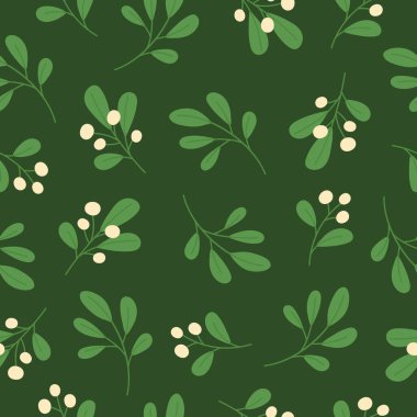 Seamless pattern with mistletoe branches on green background. Good for fabric, wallpaper, packaging, textile, web design. Vector illustration