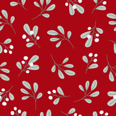 Seamless pattern with mistletoe branches on red background. Good for fabric, wallpaper, packaging, textile, web design. Vector illustration