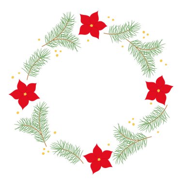 Winter wreath with poinsettia flowers and pine twigs. Template for Christmas greeting card, invitation, poster, banner, print.