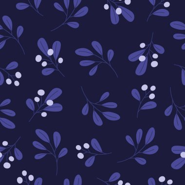 Seamless pattern with mistletoe branches on dark blue background. Good for fabric, wallpaper, packaging, textile, web design