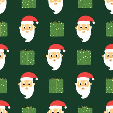 Seamless pattern of cute santa claus head and gift boxes on green background. Background for Christmas design. Vector illustration