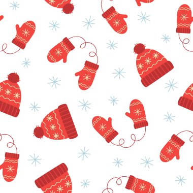 Seamless pattern of red winter hat and mittens. Winter elements on white background. Doodle style. 
