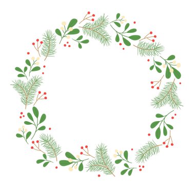 Winter wreath with mistletoe and pine twigs. Template for Christmas greeting card, invitation, poster, banner, print. Isolated vector illustration