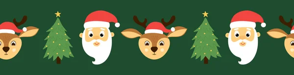 Seamless Border Christmas Tree Cute Santa Claus Deer Head Green — Stockvektor