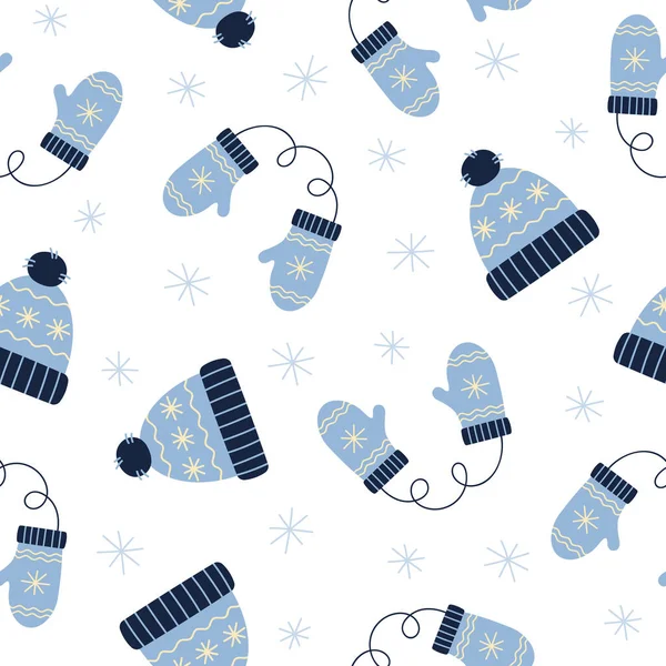 Seamless Pattern Blue Winter Hat Mittens Winter Elements White Background — 图库矢量图片