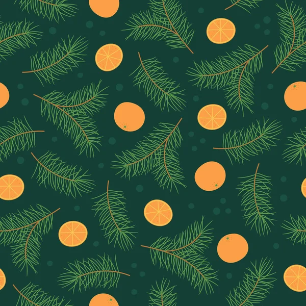 Безшовний Візерунок Сосновими Гілочками Апельсинами Зеленому Фоні Добре Підходить Тканини — стоковий вектор