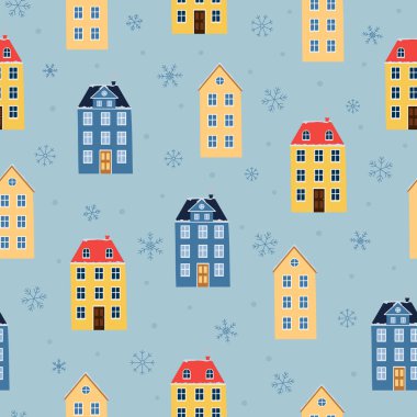 Kışlık evler ve mavi arka planda kar taneleri. Kış Noel tasarımı için şablon