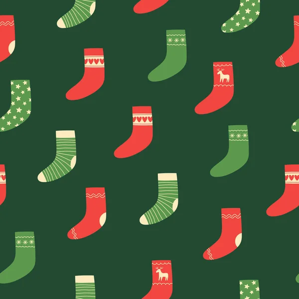 Απρόσκοπτη Μοτίβο Πολύχρωμες Κάλτσες Χριστούγεννα Πράσινο Φόντο Στυλ Doodle Χριστουγεννιάτικο — Διανυσματικό Αρχείο