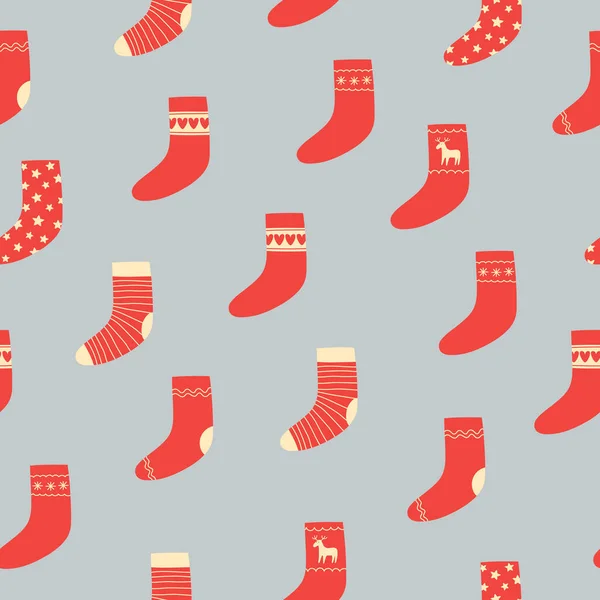 Seamless Pattern Red Christmas Socks Grey Background Doodle Style Christmas — Stock Vector