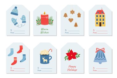 Noel ve bayram hediye etiketleri. Kış elementlerini elle çizen etiketler. İzole vektör illüstrasyonu 
