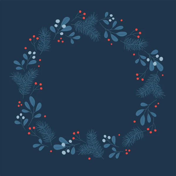 Winterkranz Mit Mistelzweigen Und Tannenzweigen Blauen Farben Vorlage Für Weihnachtsgrußkarte — Stockvektor