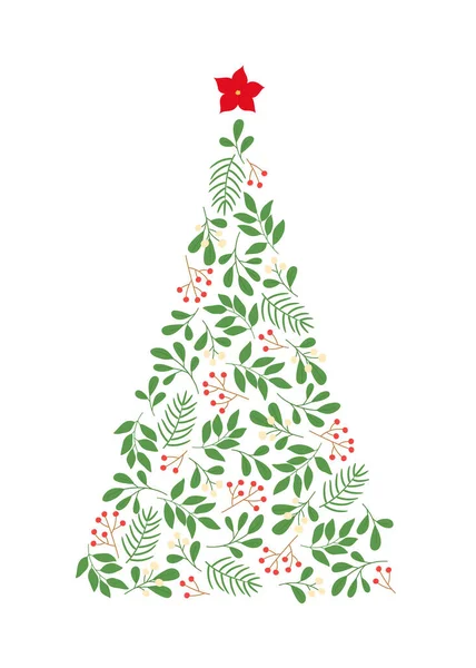 Weihnachtsbaum Silhouette Mit Winterzweigen Und Beerenmuster Vorlage Für Grußkarten Einladungen — Stockvektor