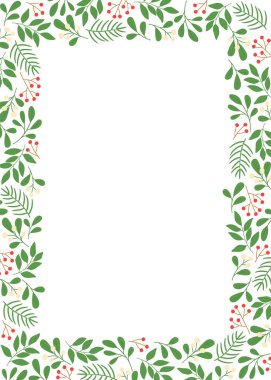 Ökseotu, dal ve böğürtlenli kış çerçevesi. Noel tebrik kartı, davetiye, poster, afiş. İzole vektör illüstrasyonu