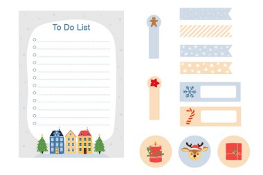 Kış planlayıcısı etiketleri ve yapılacaklar listesi. Elle çizilmiş şirin mevsimlik elementler. Not defteri ve kırtasiye için şablon.