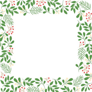 Ökseotu, dal ve böğürtlenli kare kış çerçevesi. Noel tebrik kartı, davetiye, poster, afiş. İzole vektör illüstrasyonu. 