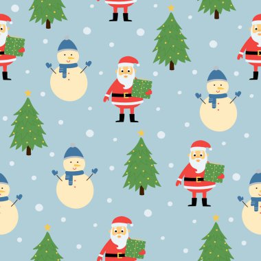 Güzel Noel Baba 'nın kusursuz deseni, kardan adam ve mavi arka planda Noel ağacı. Noel tasarımı için arkaplan.