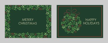 Çiçek çerçeveli ve Noel süslü bayram tebrik kartları. Kış dalları yeşil renklerde desenler
