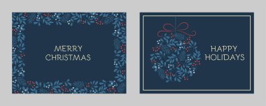 Çiçek çerçeveli ve Noel süslü bayram tebrik kartları. Kış dalları mavi renklerde desenler