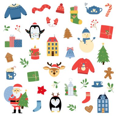 Noel dekoratif unsurları seti. Koleksiyon defteri, tebrik kartı, etiket kiti için mükemmel.