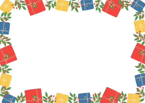 Cajas Regalo Coloridas Marco Ramitas Plantilla Para Diseño Vacaciones Invierno — Vector de stock