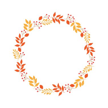 Yuvarlak çerçeve, sonbahar dalları ve böğürtlenlerle. Sonbahar dekoratif tasarımı için şablon. İzole vektör illüstrasyonu 