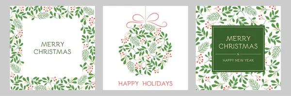 Conjunto Feriados Cartões Saudação Com Molduras Florais Ornamento Natal Inverno — Vetor de Stock